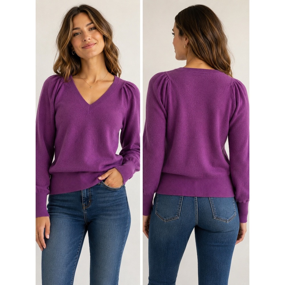 Cabi Purple V-Neck Pleated Shoulder Balloon Sleeve Sweater 4098 Large Boho